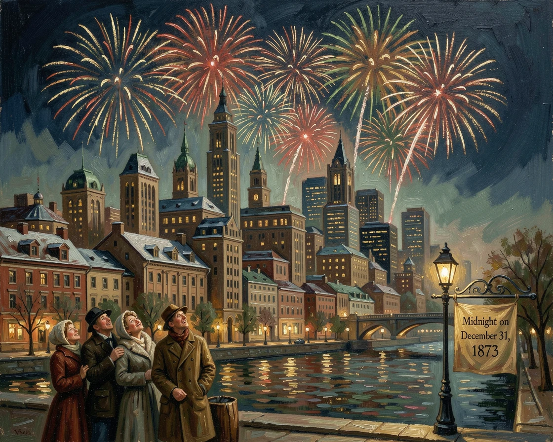 A New Year's Eve fireworks display lighting up a city skyline at midnight, with rich seasonal colors filling every corner of the composition, radiating comfort, celebration, and heartfelt togetherness