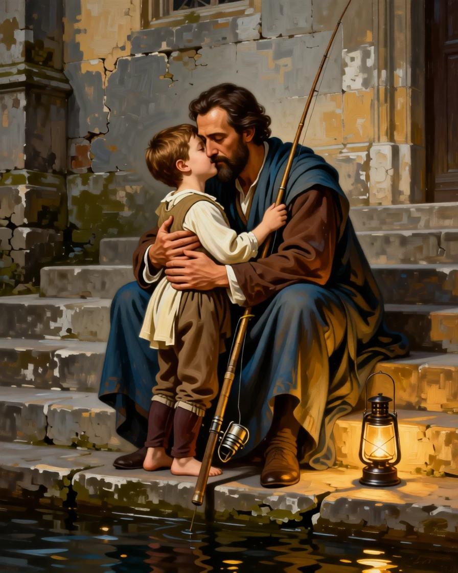 A father teaching his son to fish at the water's edge in the raw, unguarded instant emotion breaks through, set on the worn steps of a village church, with a lantern's glow illuminating the reunion; the two central figures are drawn close together in an intimate embrace, filled with gratitude, humility, and human warmth.