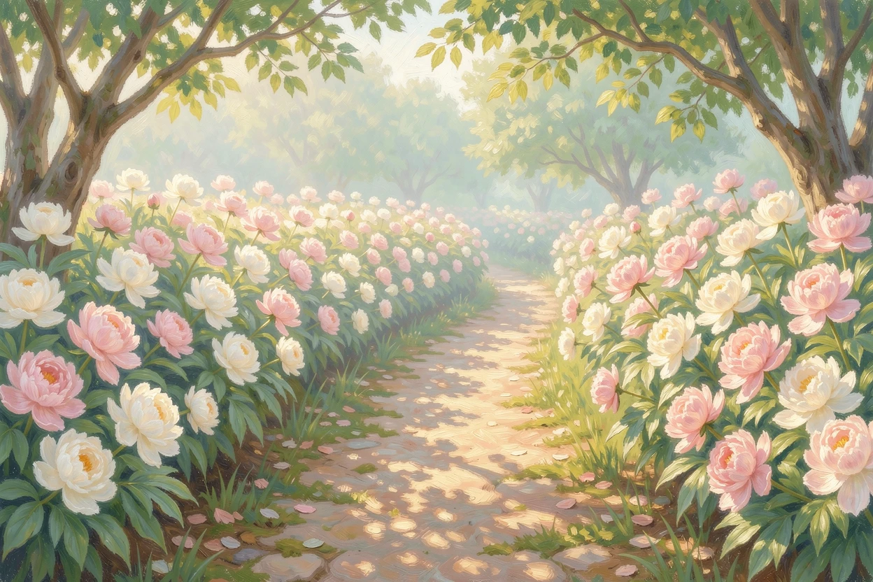 A garden path lined with blooming peonies in soft pastel pinks and whites, evoking a sense of peace and quiet wonder.