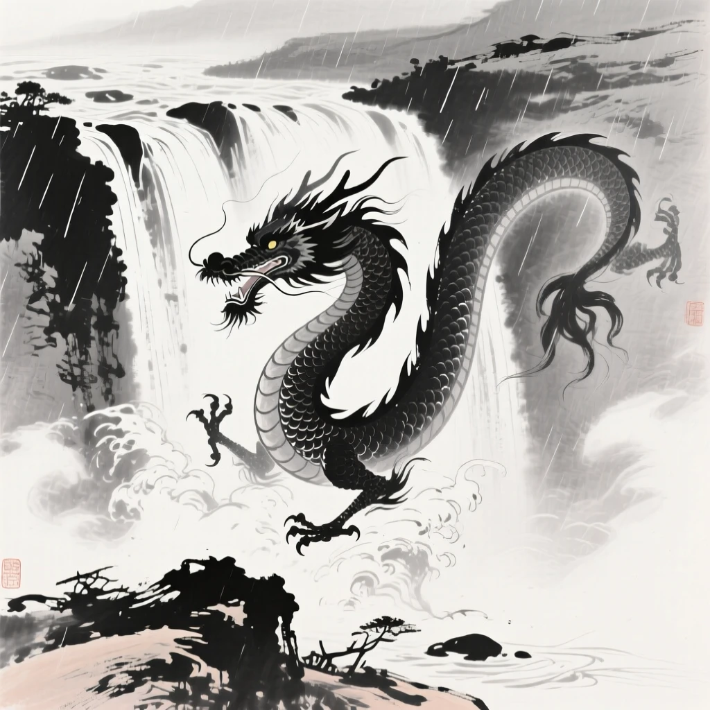 A dragon emerges from a churning waterfall, scales glinting in the light, with rain sweeping across the valley below.