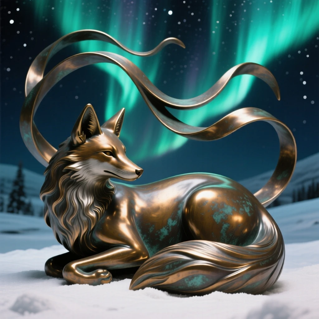 A snow fox curled beneath the northern lights, with elegant, flowing form, evoking wonder and majesty