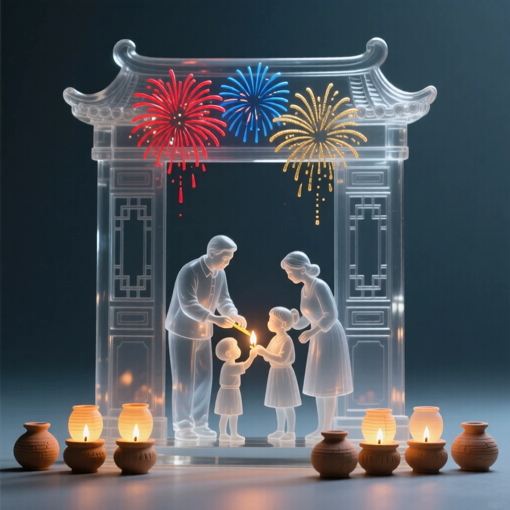 A family lighting small clay lamps along a doorway at festival time as fireworks burst in bright colors overhead