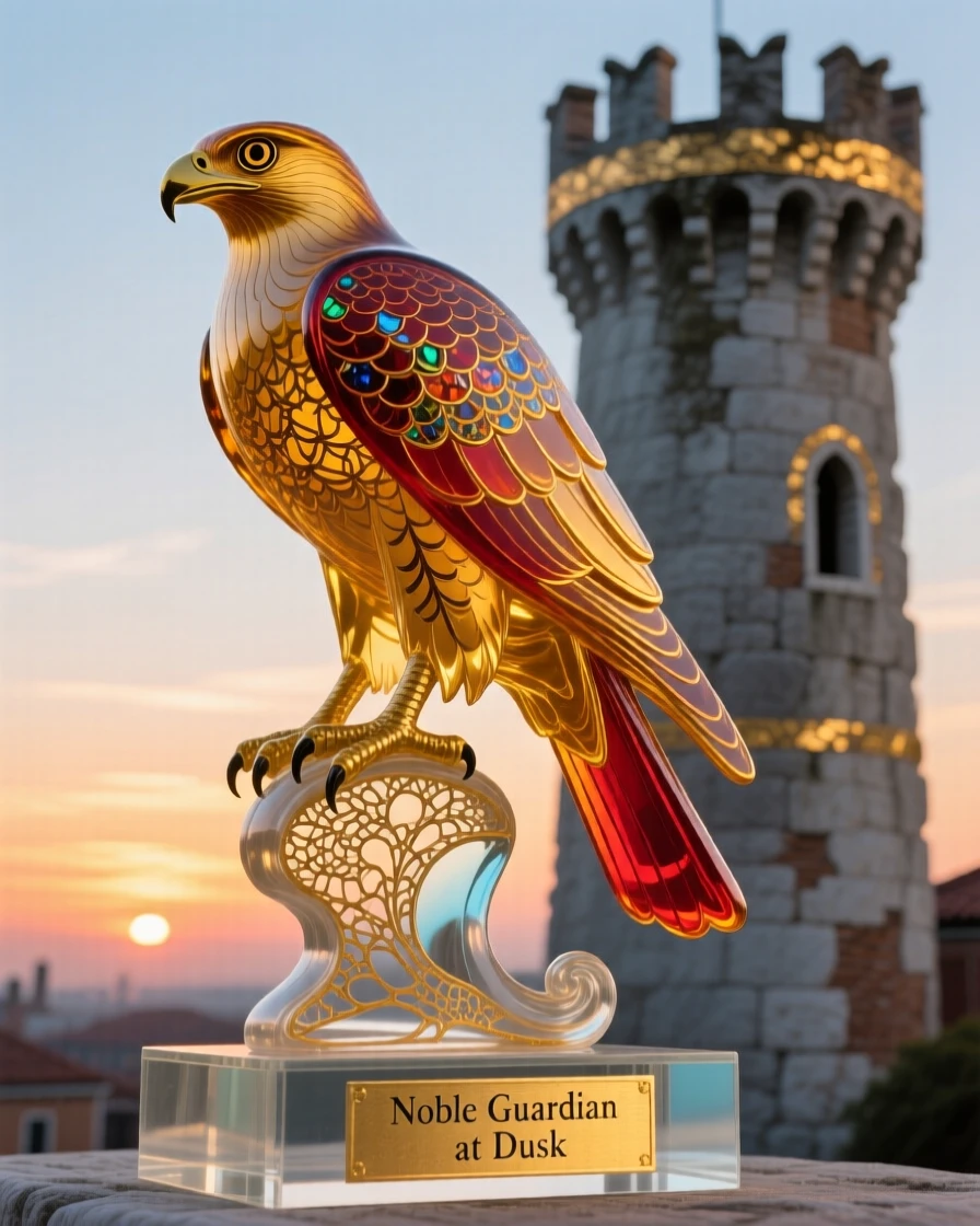 A lone falcon perched atop an ancient stone tower at sunset, noble and poised.