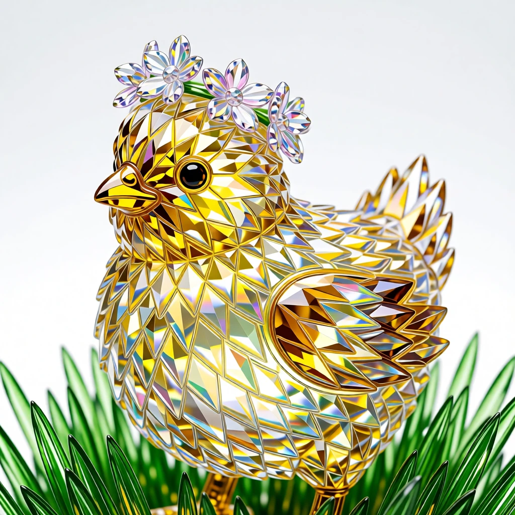 A fluffy baby chick wearing a tiny flower crown in spring grass.