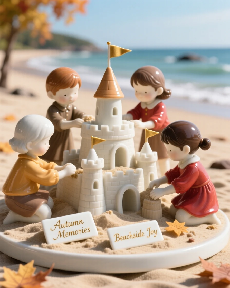 A cozy autumn moment: a warm beach scene with children building sandcastles, full of gentle, cozy charm.