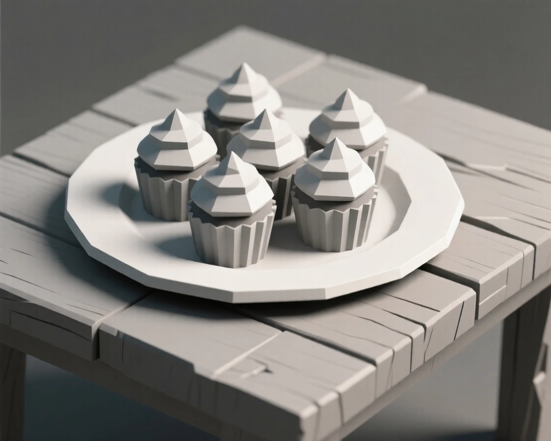 A plate of delicate pastel-colored cupcakes, on a rustic wooden table. soft natural light highlights rich textures and colors. The mood is fresh and appetizing.