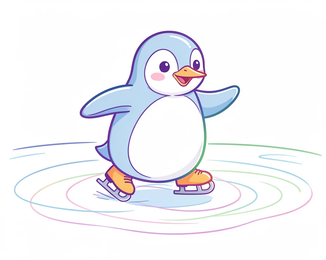 A plump penguin character ice skating clumsily across a frozen pond.