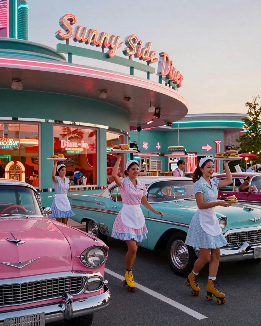 A drive-in diner with roller skating carhops