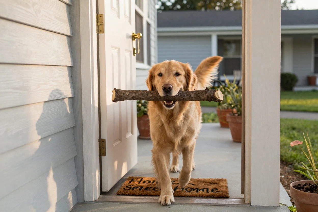 A dog carries an oversized stick proudly, struggling to fit through the doorway.