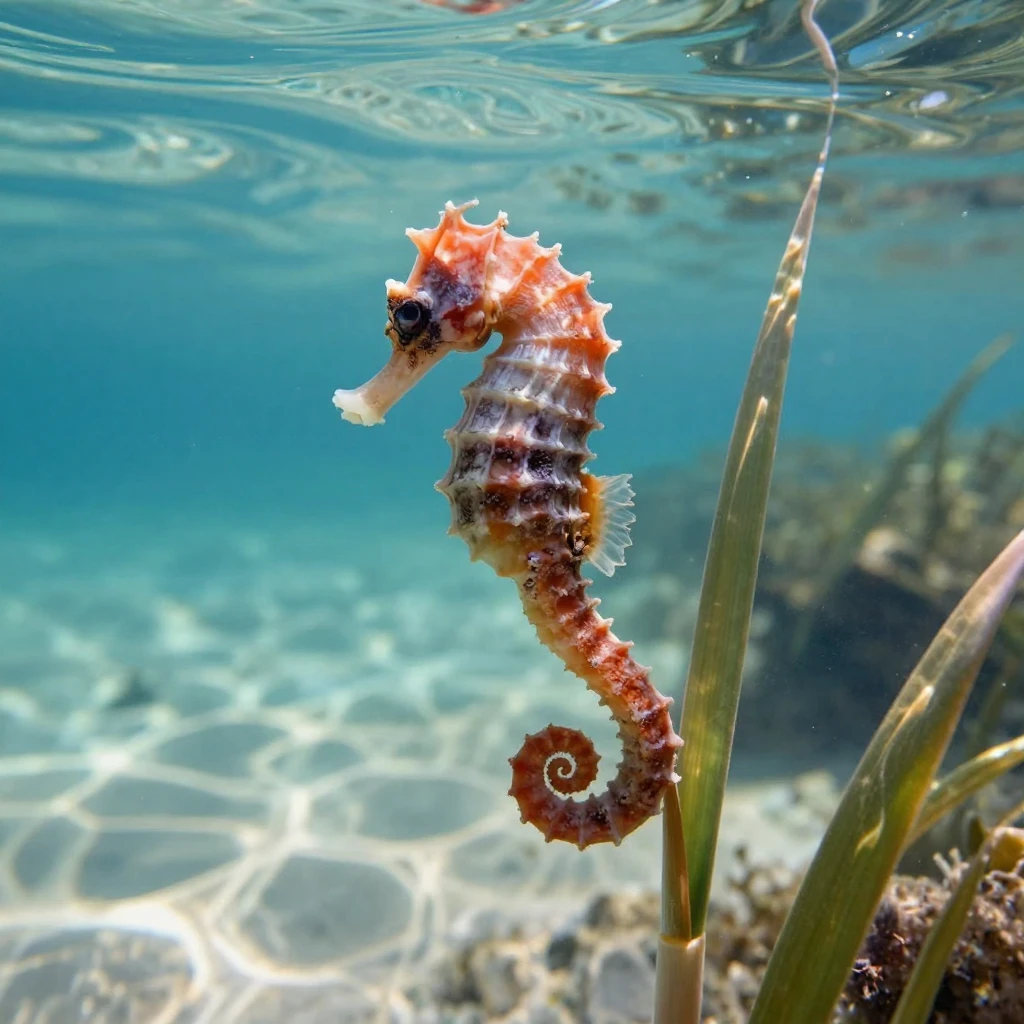 A seahorse anchored to a swaying reed drifting quietly beneath the surface of a calm turquoise bay