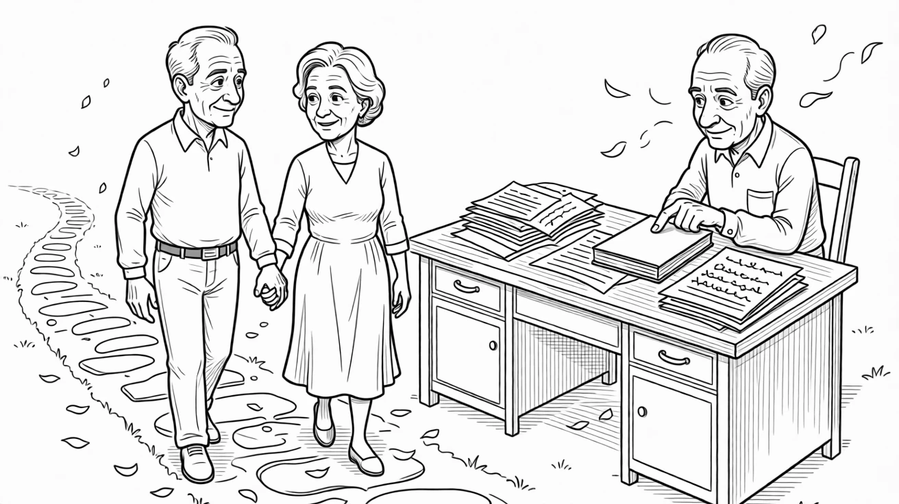 An elderly couple holding hands on a long walk, tapping the cover meaningfully with a knowing look, set at a cluttered desk covered in essays. Rose petals drift gently onto the garden path. It captures the quiet joy of passing traditions down.