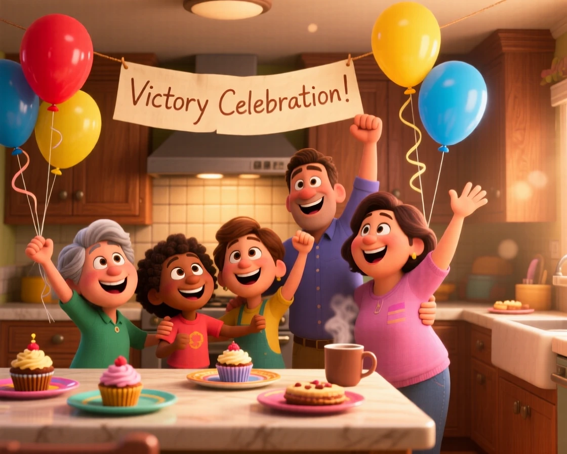 A team celebrating together after a big win unfolds inside a warmly lit family kitchen, with balloons floating gently upward. A heartfelt sense of happiness fills the moment.