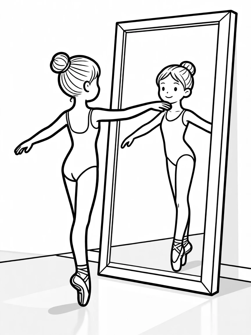 A young dancer practicing ballet in front of a mirror