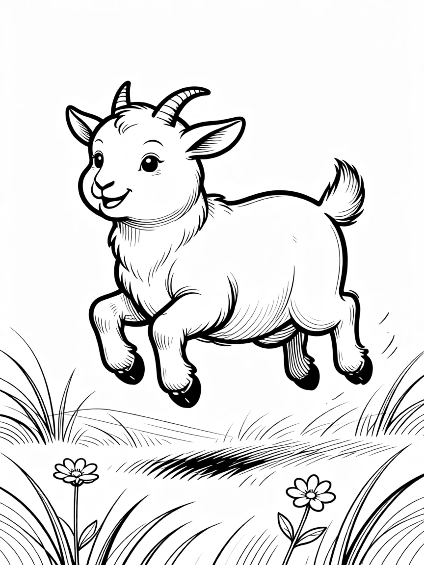 A chubby baby goat hopping playfully in a field