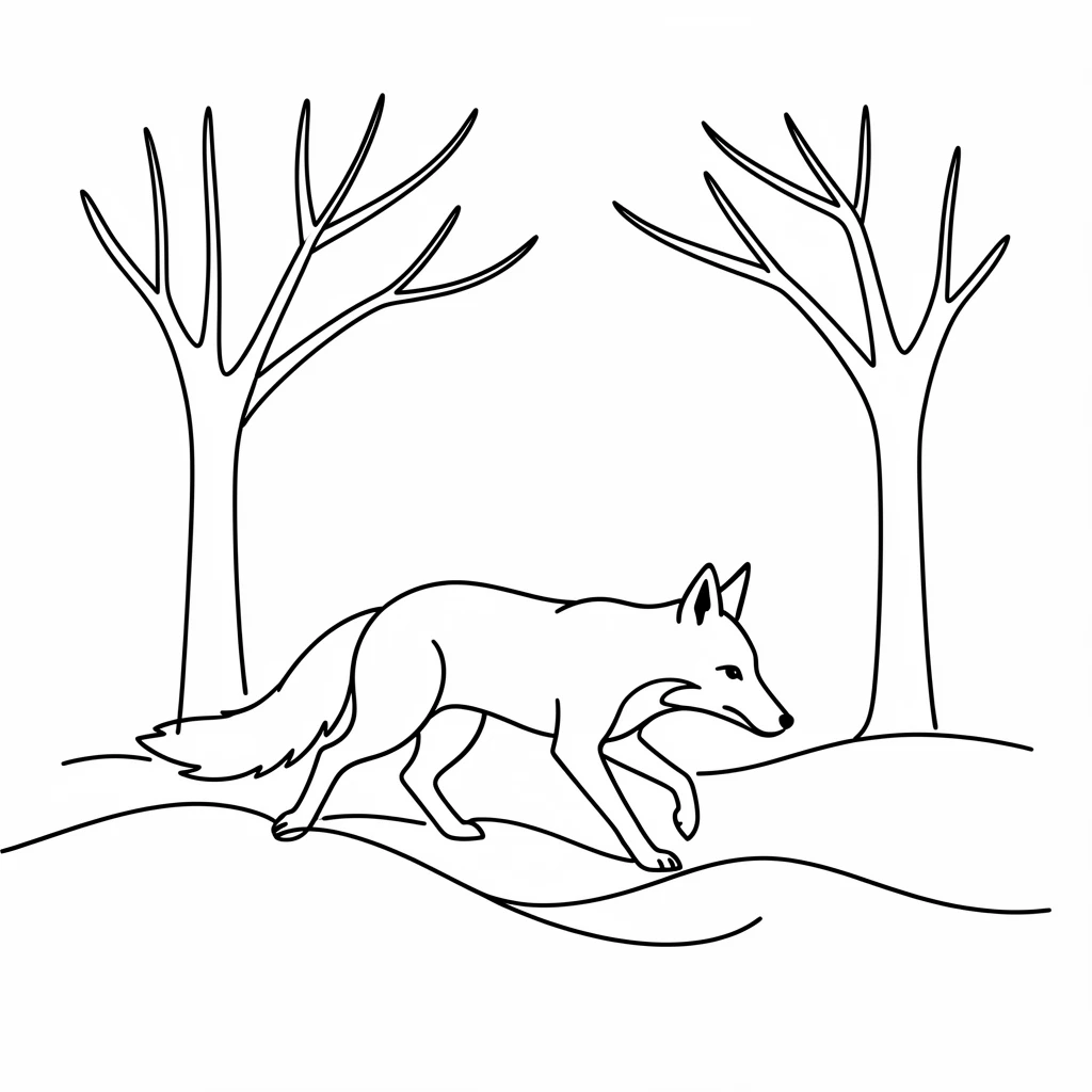 A red fox pouncing into deep snow while hunting beneath bare winter trees