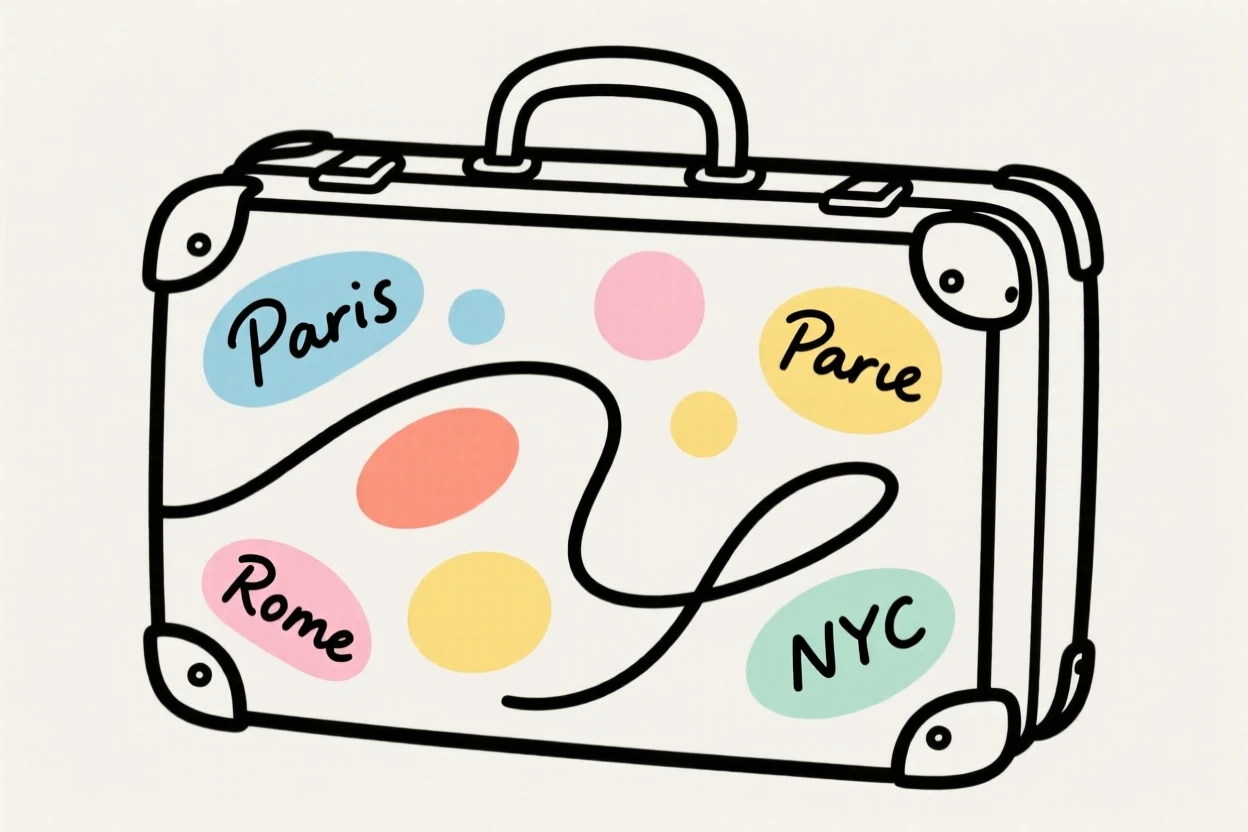 A vintage suitcase covered in travel stickers
