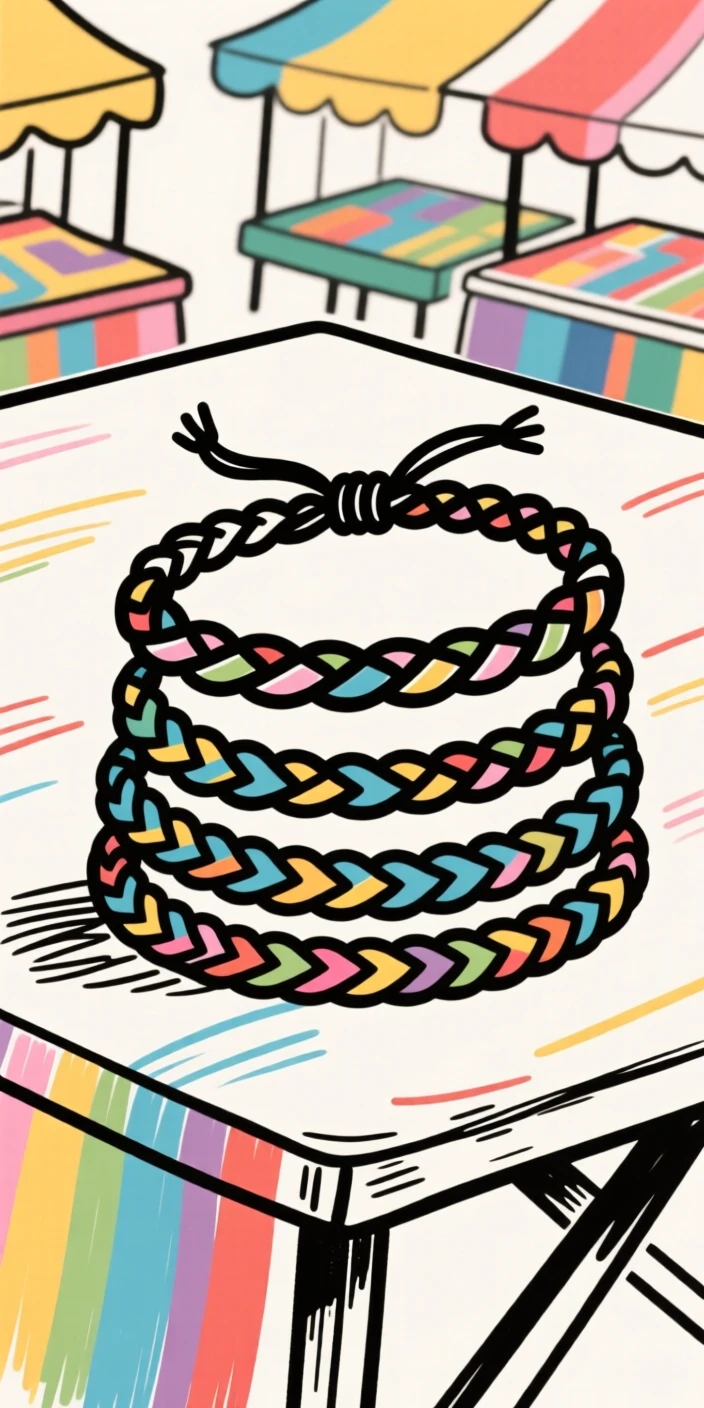 A stack of woven friendship bracelets on a colorful market table.