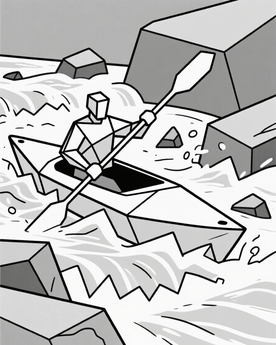 A kayaker paddling through churning whitewater rapids