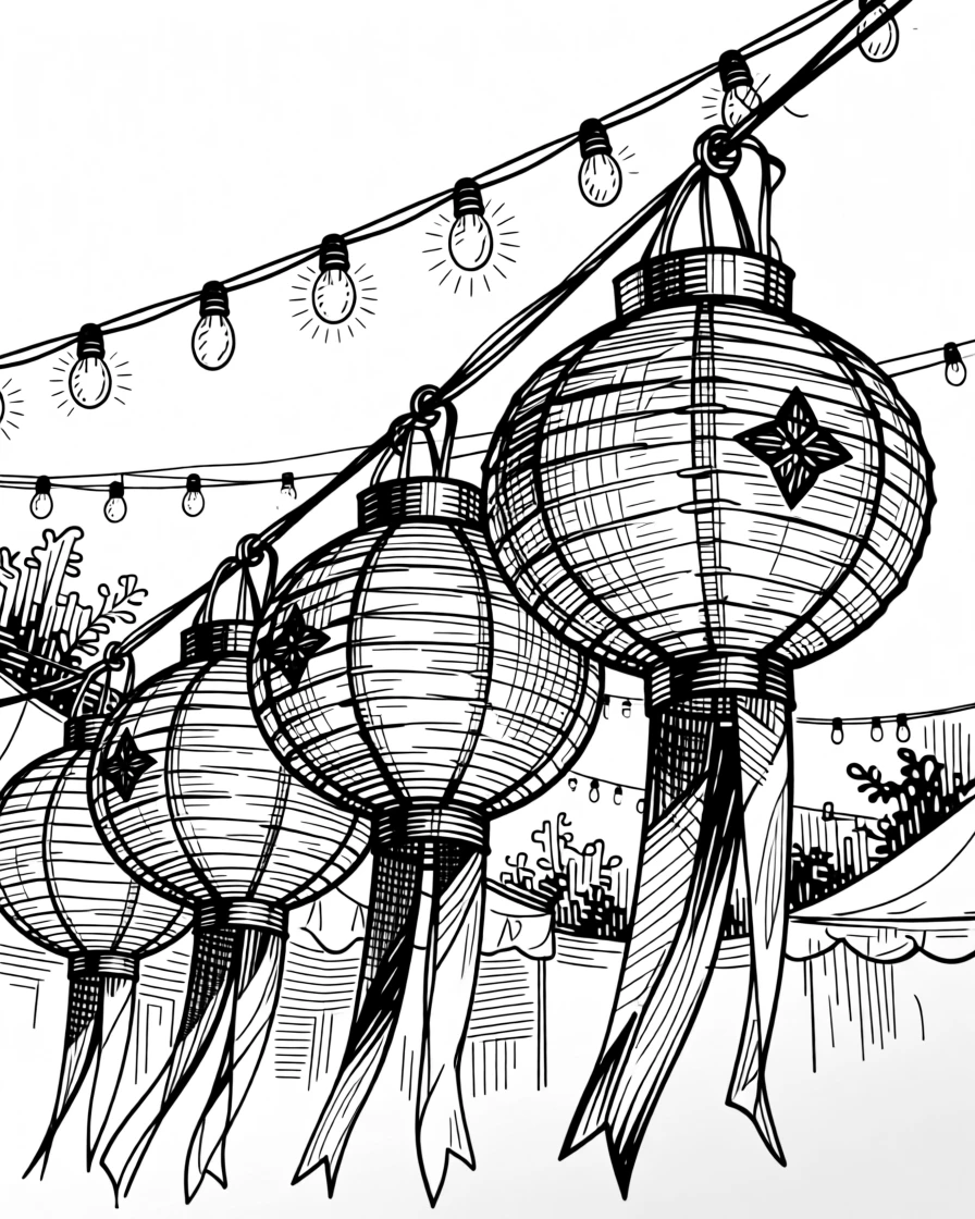 A string of paper lanterns during a summer festival beneath strings of warm glowing lights, with ribbons and ornaments catching the light, capturing a cozy and heartwarming seasonal moment.
