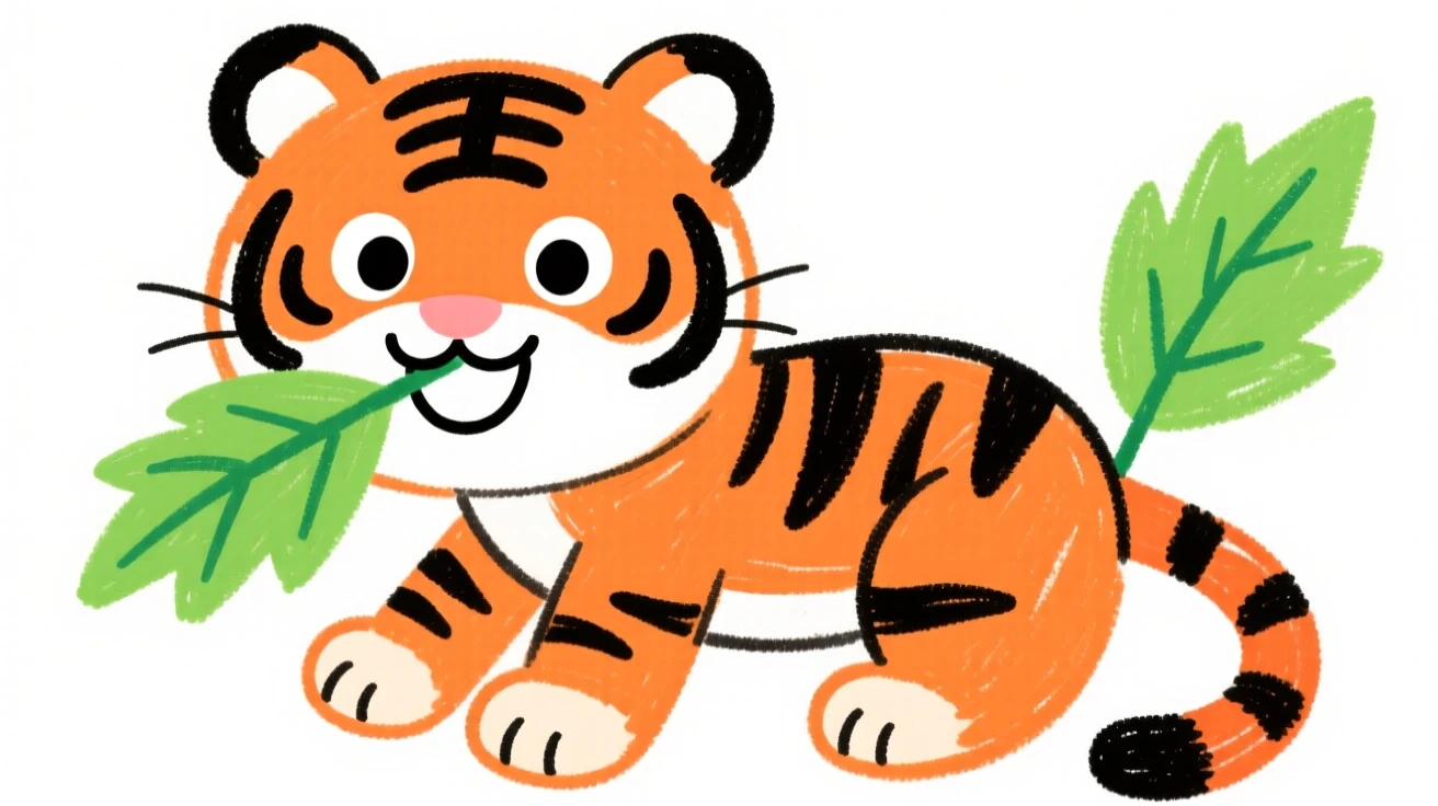 A striped baby tiger nibbling on a fresh green leaf.