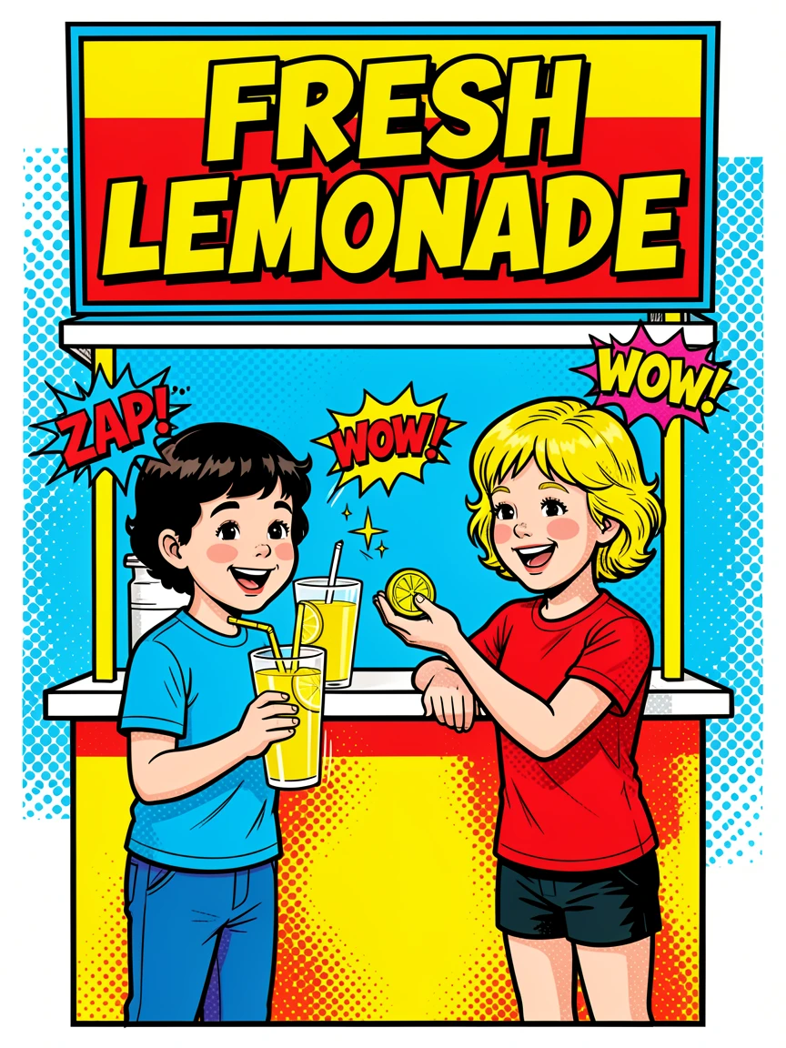 A lemonade stand run by two smiling children