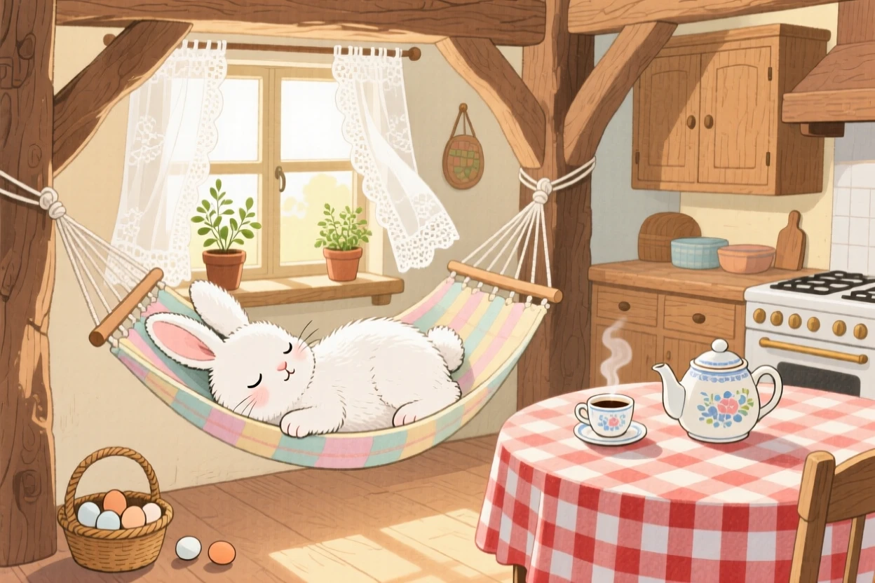 A fluffy white rabbit dozing in a hammock strung between two trees, set in a cozy farmhouse kitchen with morning light streaming in, evoking warmth and gentle affection.