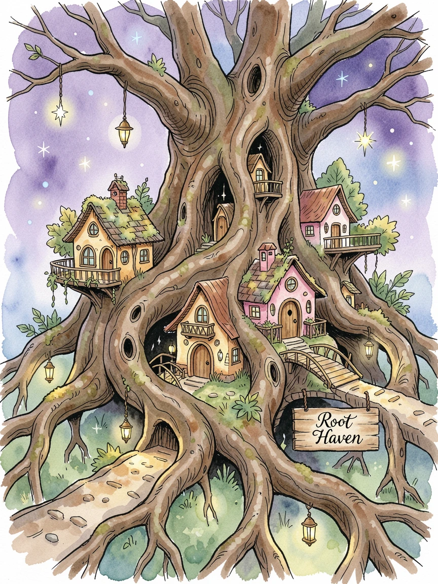A hidden fae village built into the roots of an ancient tree, stars or glowing motes drifting gently through the air.