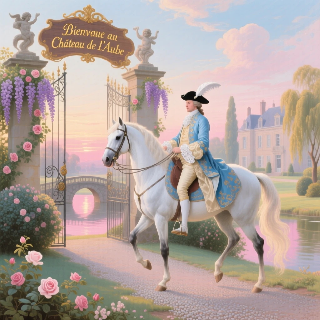 A prince arriving at a country estate on horseback at dawn  