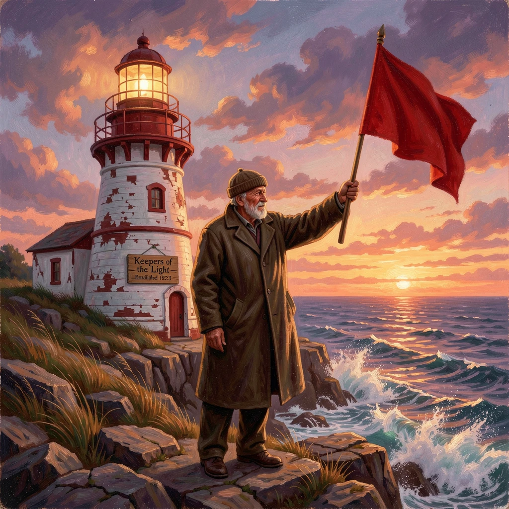 An old lighthouse keeper signals from an ocean horizon glowing at dusk as the tide rolls in.