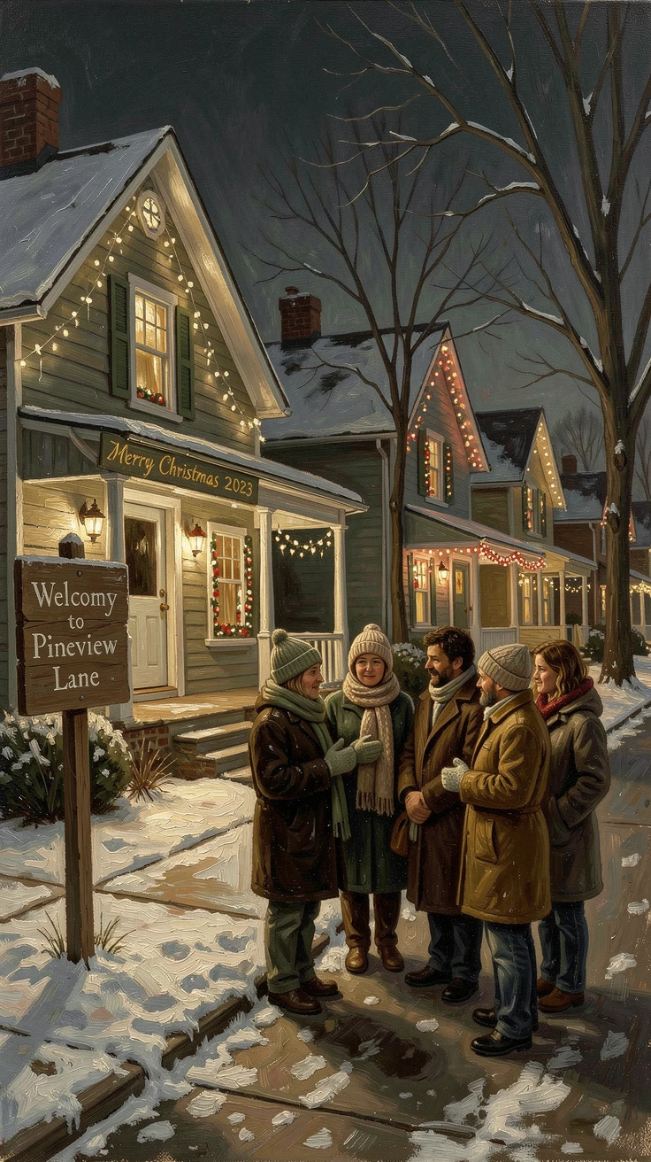 A twinkling holiday light display covering an entire suburban neighborhood, as the whole scene radiates warmth and togetherness, radiating comfort, celebration, and heartfelt togetherness