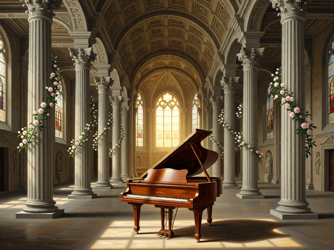 A sunlit atrium framed by Corinthian columns and flowering vines holding the quiet grandeur of a bygone era, set inside a centuries-old cathedral of quiet reverence, with a single grand piano standing beneath a shaft of window light; a central vanishing point draws the viewer deep into the grand space, filled with hushed splendor and architectural harmony.