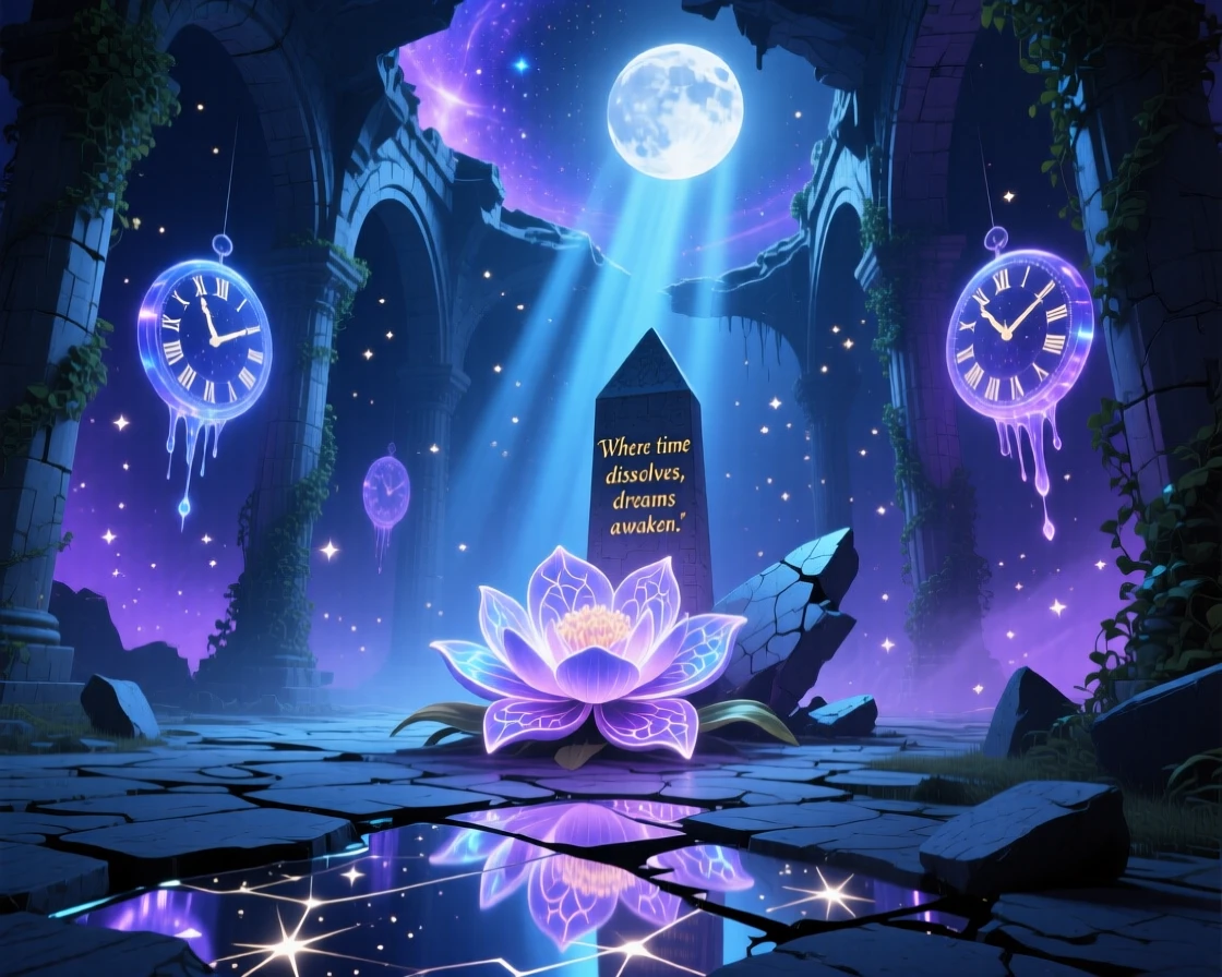 An ancient ruin where moonlight pools like liquid silver on the floor waits patiently, untouched by the passage of centuries, while dust motes drift like tiny stars through beams of light.