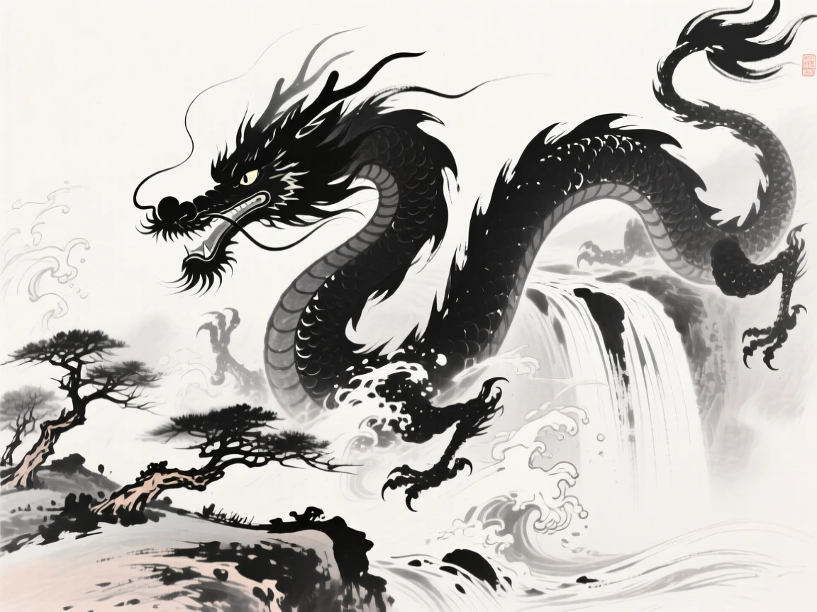 A dragon emerges from a churning waterfall, scales glinting in the light, with wind bending the trees along the ridgeline.