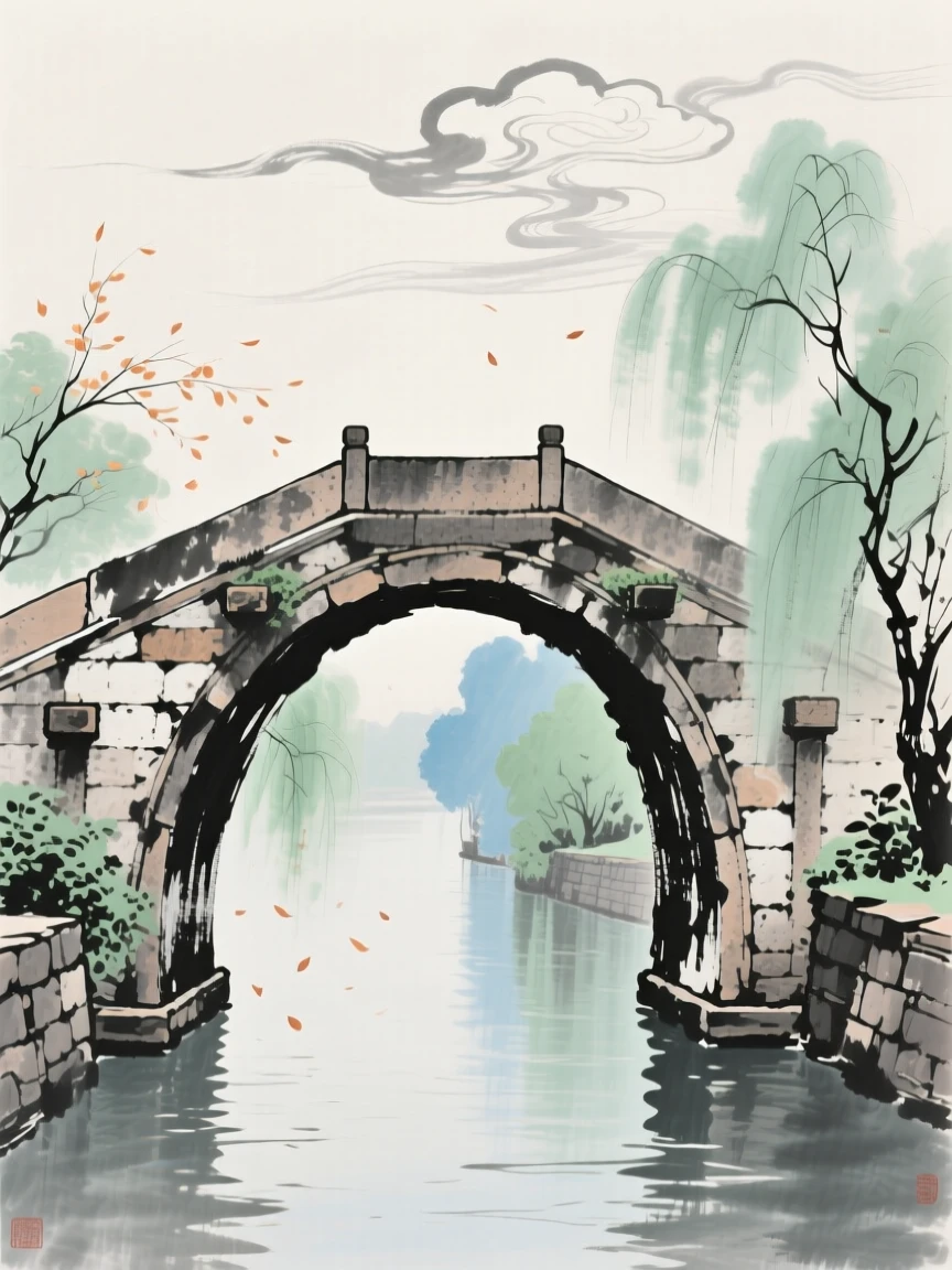 An ancient stone bridge arching gracefully over a quiet canal, under drifting clouds, filled with tranquil stillness, in a warm breeze carrying the scent of blossoms.