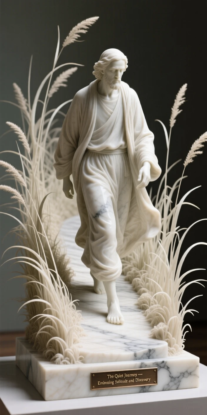 A vivid, emotionally rich scene of a lone wanderer walking a path through tall grass, in a moment of quiet stillness, designed to captivate and inspire