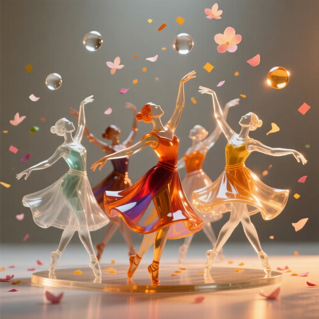 A gathering of dancers in vivid costumes performing at sunset while confetti and petals drift through the evening air