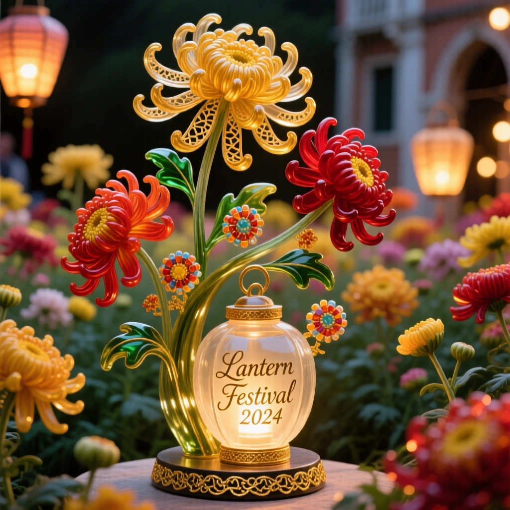 A field of blooming chrysanthemums arranged for a lantern festival celebration, festive and radiant.
