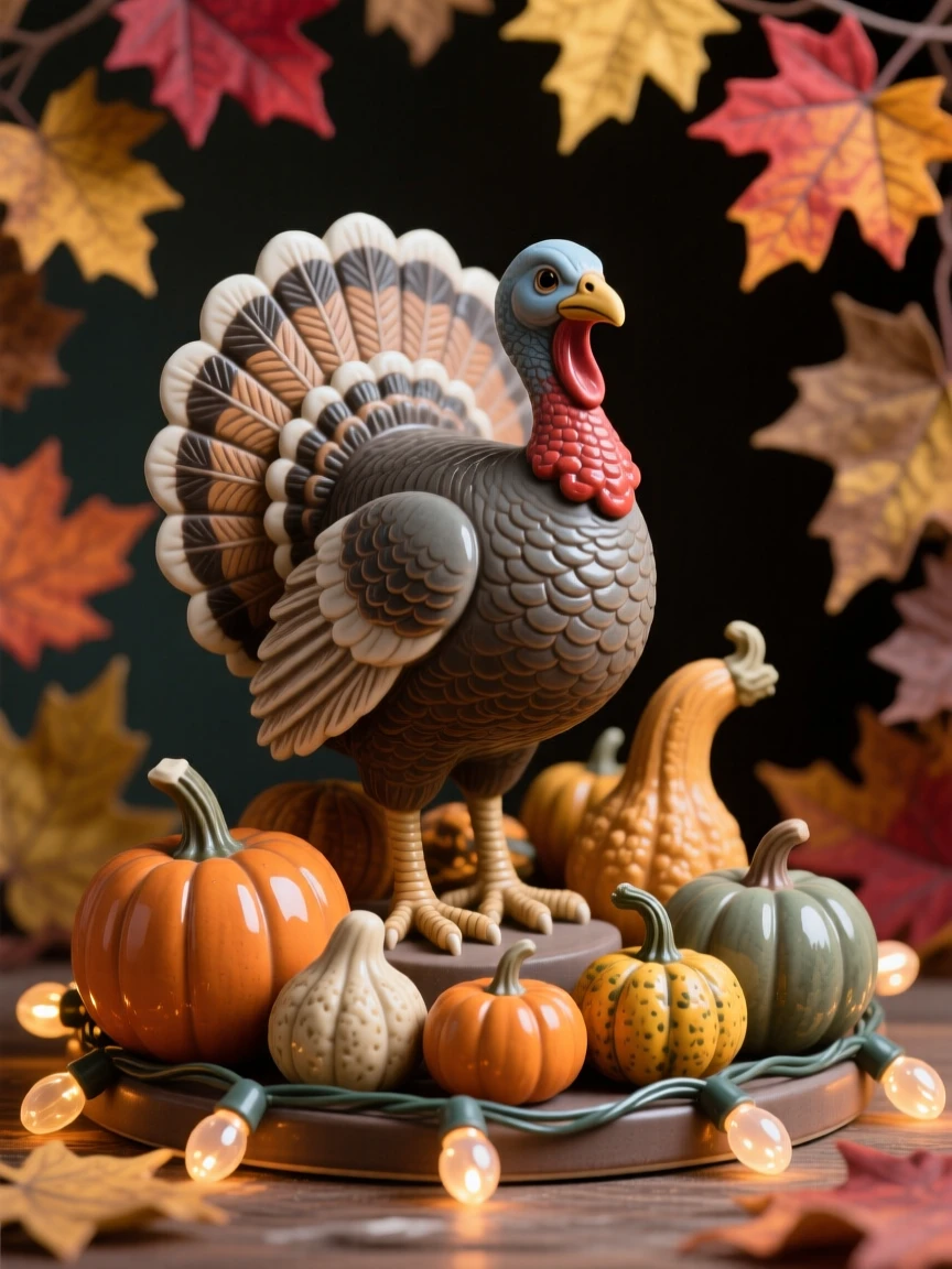 A turkey figure surrounded by autumn gourds framed by twinkling holiday lights, framed by autumn leaves in warm hues, radiating cheerful holiday spirit.