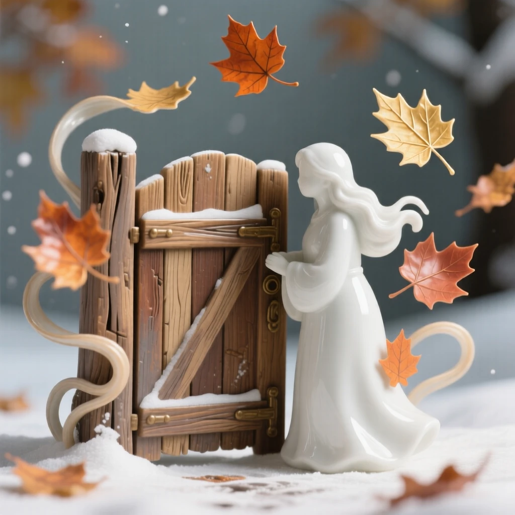 A cozy winter moment: leaves swirling around a rustic wooden gate, framed by the colors of the season.