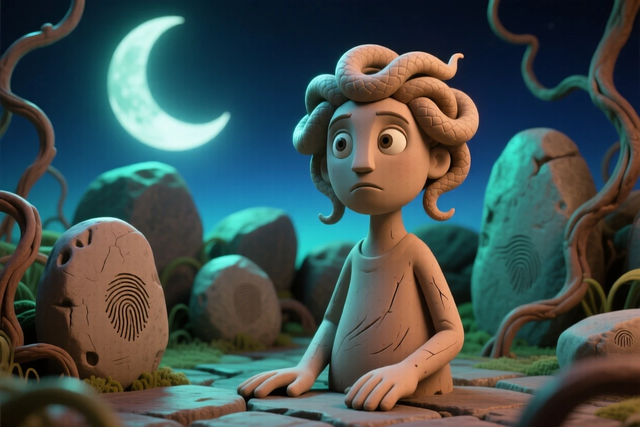 A gorgon's stone garden glowing eerily under a crescent moon