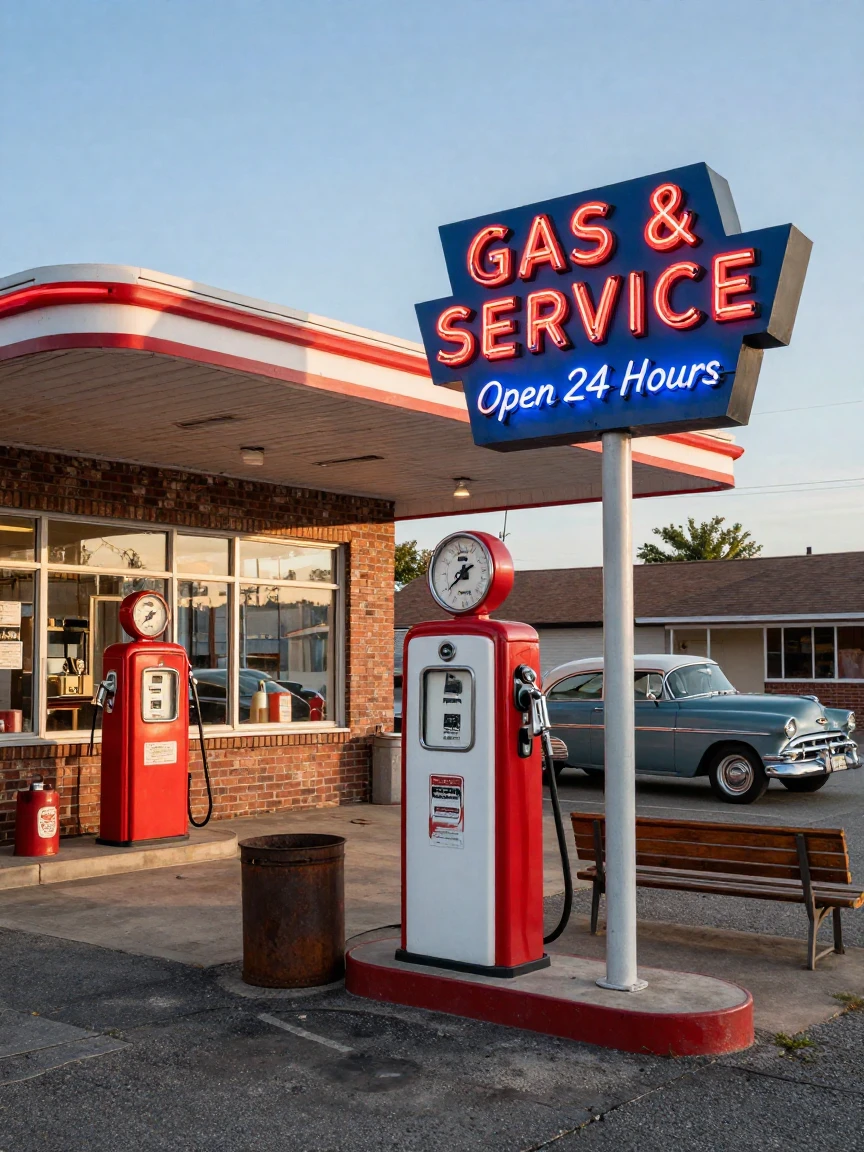 A vintage gas station with a classic neon sign
