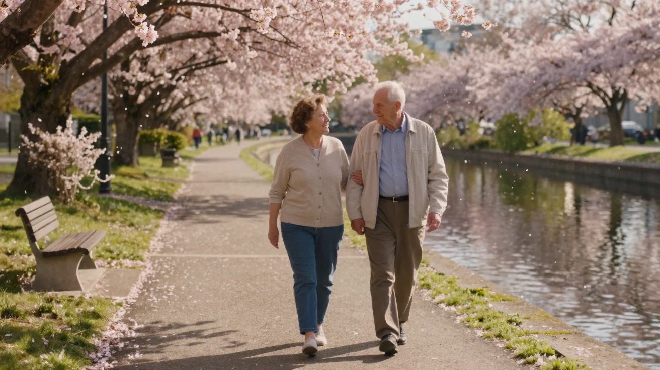 Cherry blossoms drift across a quiet canal path as an elderly couple strolls beneath them.