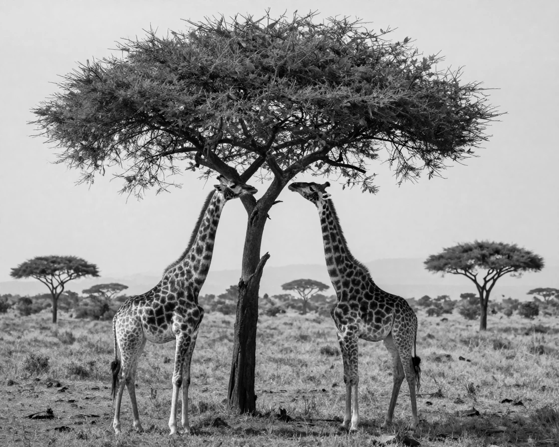 A pair of giraffes reaches for leaves atop a tall acacia tree on the African savanna.
