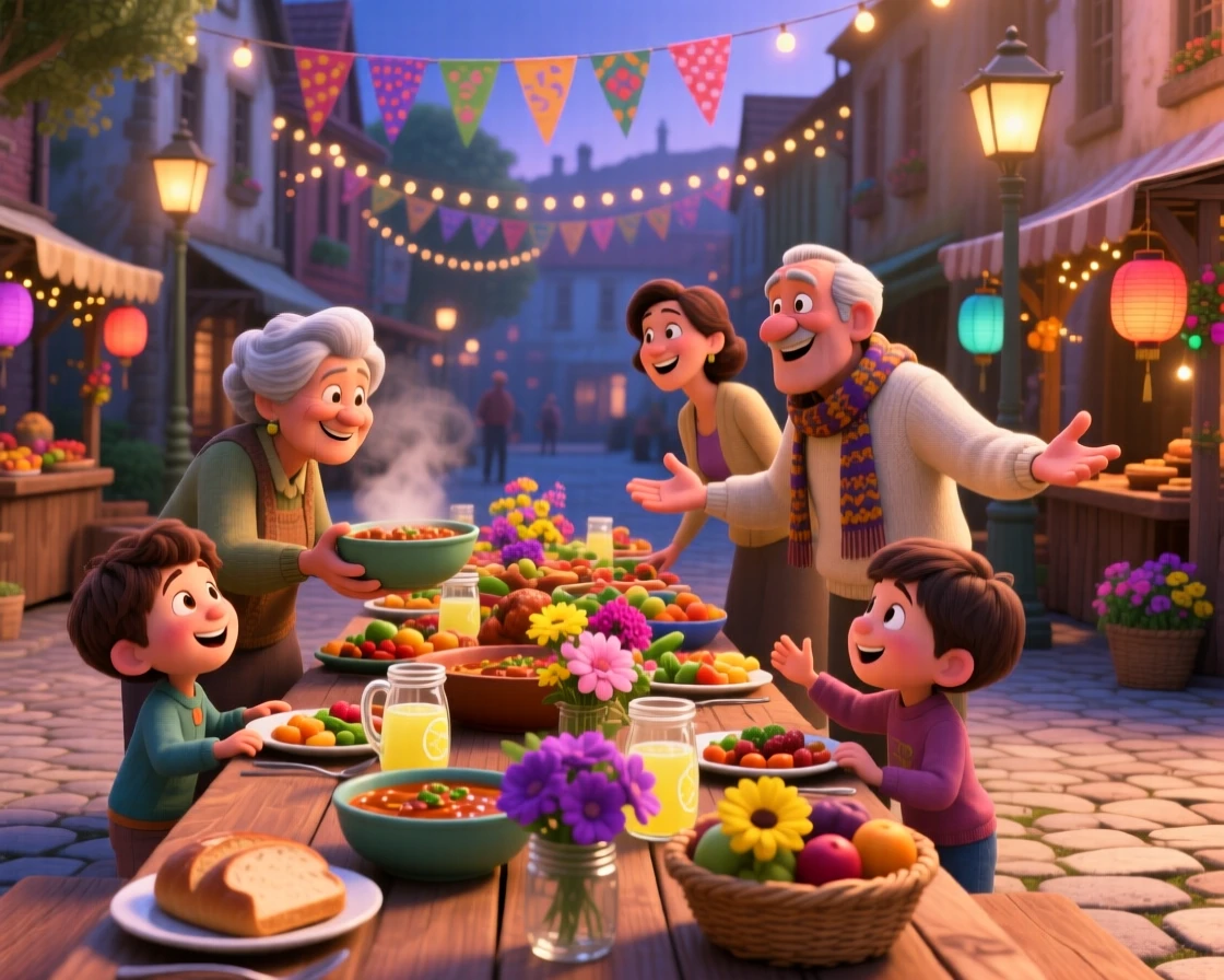 A family sharing a large feast at a long table happens in a town square decorated for a festival, with fresh flowers decorating every table. A bright, merry energy fills the entire scene.