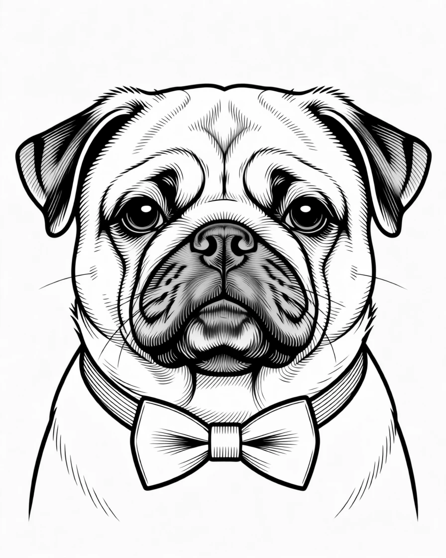A round-faced pug wearing a bow tie