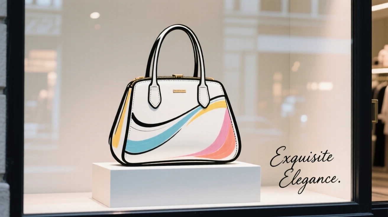 A designer handbag displayed on a pedestal in a boutique window.