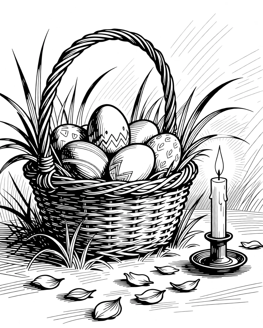 A basket of easter eggs nestled in spring grass with soft candlelight flickering nearby, with a trail of fallen petals scattered on the ground, capturing a gently sentimental seasonal moment.