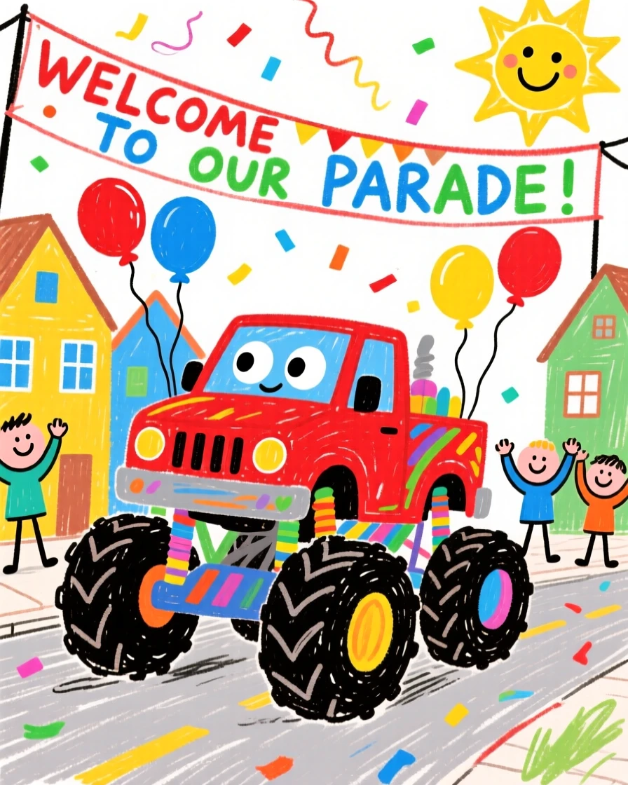 A rugged monster truck rolling through a small town parade.