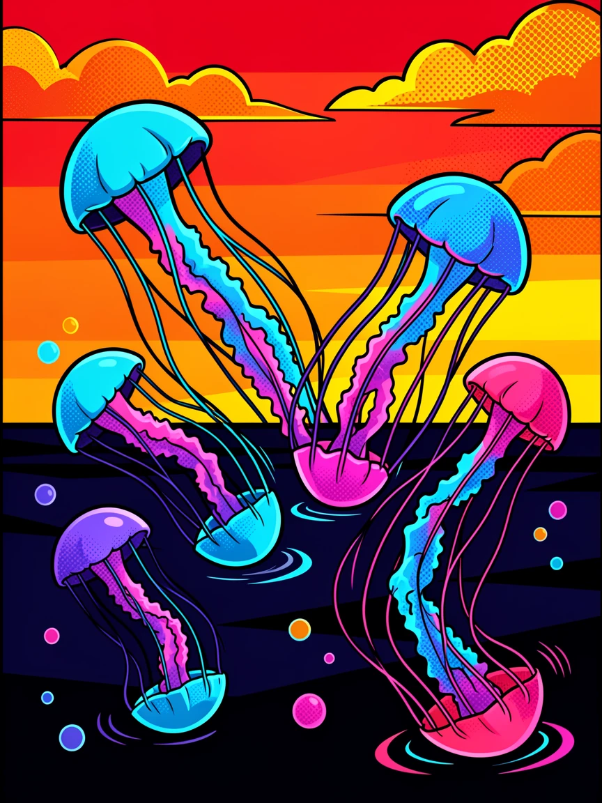 A school of jellyfish lit softly in dark water captured mid-motion against a dramatic sky
