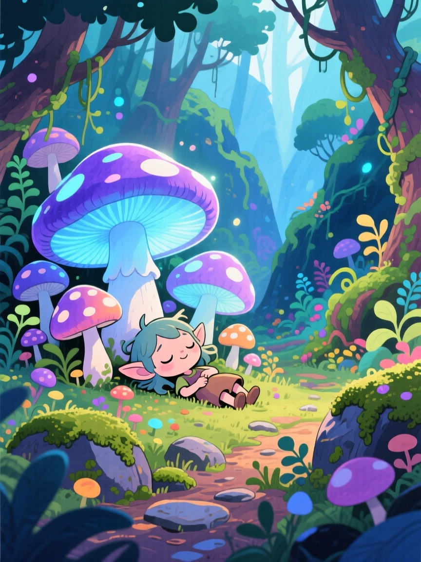 A friendly forest spirit napping among a cluster of giant glowing mushrooms, in a hidden valley untouched by time, filled with a sense of peaceful mysticism.